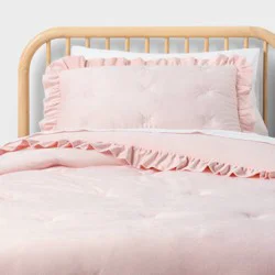 Twin Velvet Ruffle Kids' Comforter Set Light Pink- Pillowfort™