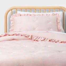 Twin Velvet Ruffle Kids' Comforter Set Light Pink- Pillowfort™