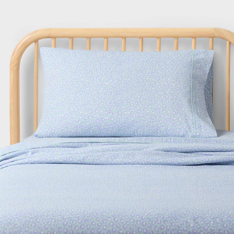 slide 1 of 5, Twin Purple Leopard Kids' Brushed Cotton Sheet Set Turquoise - Pillowfort™, 1 ct