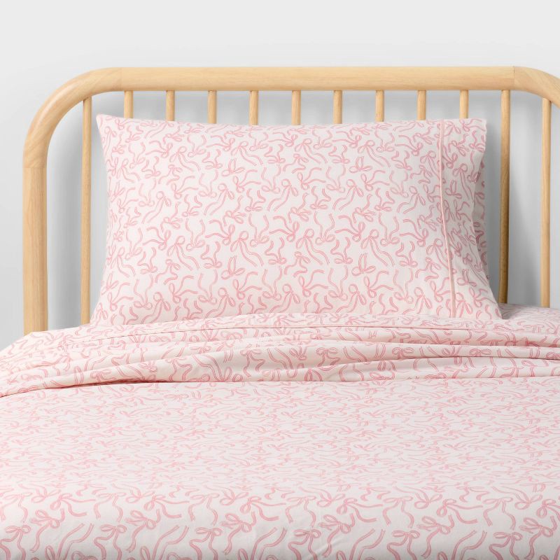slide 1 of 5, Twin Pink Bows Kids' Brushed Cotton Sheet Set - Pillowfort™, 1 ct