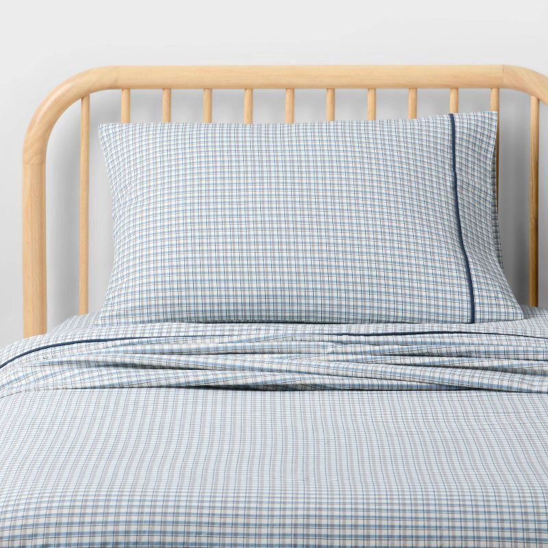 slide 1 of 5, Twin Plaid Kids' Brushed Cotton Sheet Set Gray/Blue - Pillowfort™, 1 ct