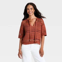 Women's Short Sleeve Keyhole Neck Pullover Sweater - Universal Thread™ Orange S