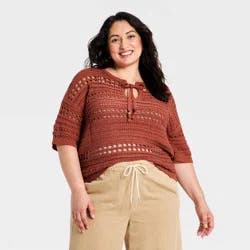 Women's Short Sleeve Keyhole Neck Pullover Sweater - Universal Thread™ Orange XXL