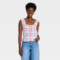 Women's Front Button-Down Tank Top - Universal Thread™ Blue Plaid M