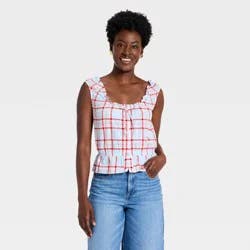 Women's Front Button-Down Tank Top - Universal Thread™ Blue Plaid L