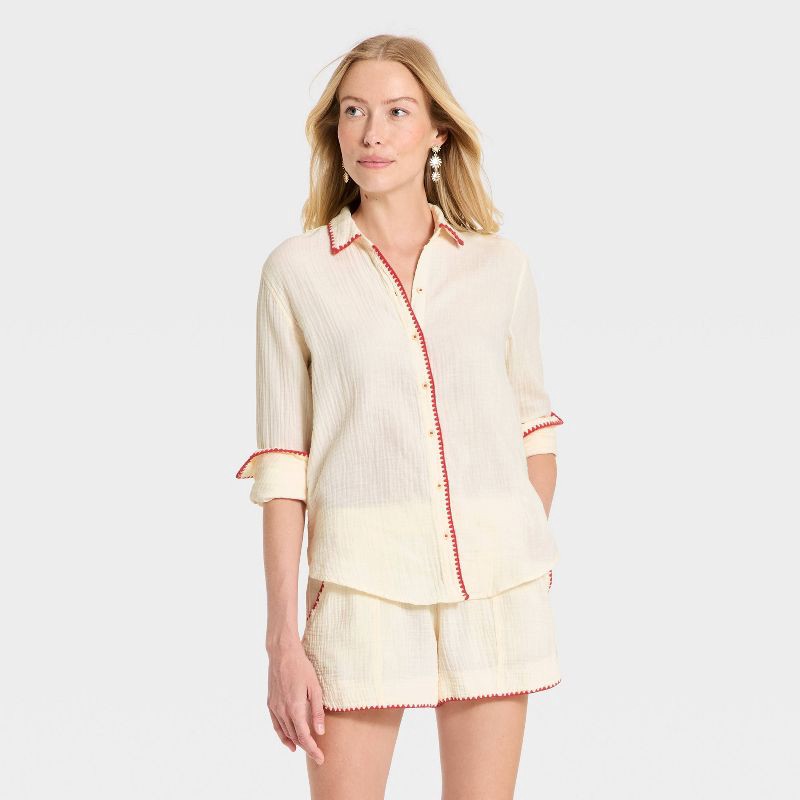 slide 1 of 3, Women's Long Sleeve Collared Button-Down Shirt - Universal Thread™ Cream M, 1 ct