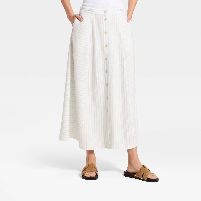 slide 1 of 3, Women's Maxi A-Line Skirt - Universal Thread™ Light Blue Striped S, 1 ct