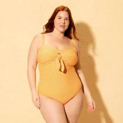 Women's Gingham High Leg Cheeky Scoop Neck One Piece Swimsuit - Shade & Shore™ Orange 16