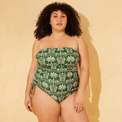 Women's Palm Print Bandeau High Leg Medium Coverage One Piece Swimsuit - Shade & Shore™ Green 18