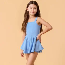 Blogilates Girls' Mommy & Me Princess Bow Back Dress - Medium Blue XL