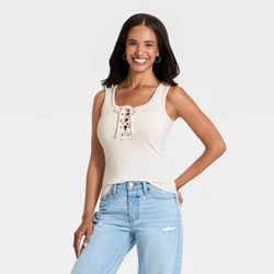 Women's Lace Up Rib Tank Top - Universal Thread™ Cream S