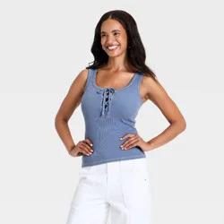 Women's Lace Up Rib Tank Top - Universal Thread™ Blue M
