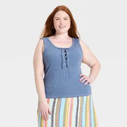 Women's Lace Up Rib Tank Top - Universal Thread™ Blue XXL