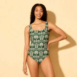 Women's Palm Print Tummy Control Square Neck Full Coverage One Piece Swimsuit - Shade & Shore™ Multi XS
