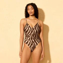 Women's Zebra Print Beaded V-Neck High Leg Cheeky Coverage One Piece Swimsuit - Shade & Shore™ Brown M