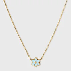 Tiny Tags 14K Gold Ion Plated Blue Enamel Flower Necklace - Gold