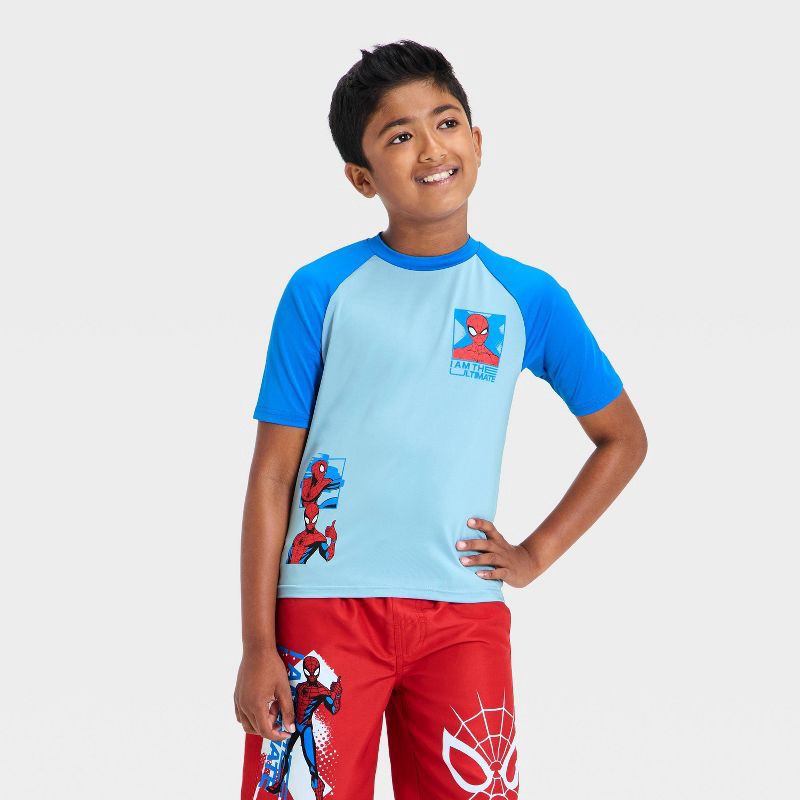 slide 1 of 3, Boys' Spider-Man Short Sleeve Rash Guard Swim Top - Blue L, 1 ct