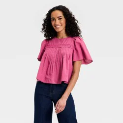 Women's Short Sleeve Lace Pintuck Blouse - Universal Thread™ Berry Red S