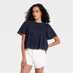 Women's Short Sleeve Lace Pintuck Blouse - Universal Thread™ Navy Blue L