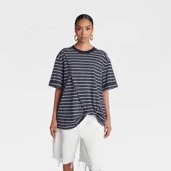 KBB by KAHLANA Women's 'The Asymmetric Hem Twist T-Shirt' - Navy Blue Striped M