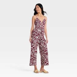 Women's Beaded Linen Jumpsuit - A New Day™ Burgundy Floral S