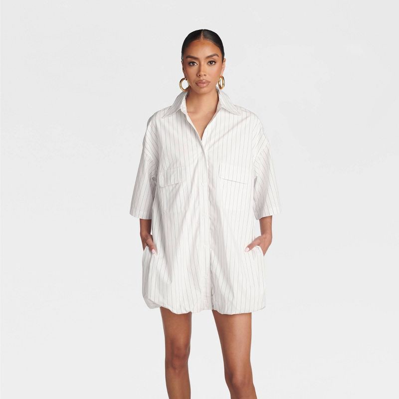 slide 1 of 3, KBB by KAHLANA Women's Short Sleeve 'The Bubble Shirt Dress' - White/Navy Blue Striped S, 1 ct