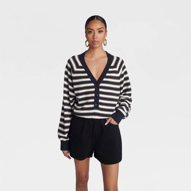 slide 1 of 3, KBB by KAHLANA Women's 'The Cropped Bubble Sweater' - Navy Blue/White Striped L, 1 ct