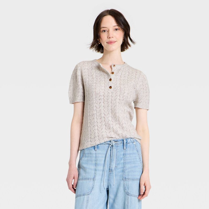 slide 1 of 3, Women's Short Sleeve Heirloom Henley Pullover Sweater - Universal Thread™ Heather Gray L, 1 ct