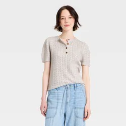 Women's Short Sleeve Heirloom Henley Pullover Sweater - Universal Thread™ Heather Gray L