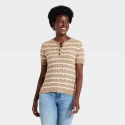 Women's Short Sleeve Heirloom Henley Pullover Sweater - Universal Thread™ Taupe Striped S