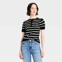 Women's Short Sleeve Heirloom Henley Pullover Sweater - Universal Thread™ Black Striped S