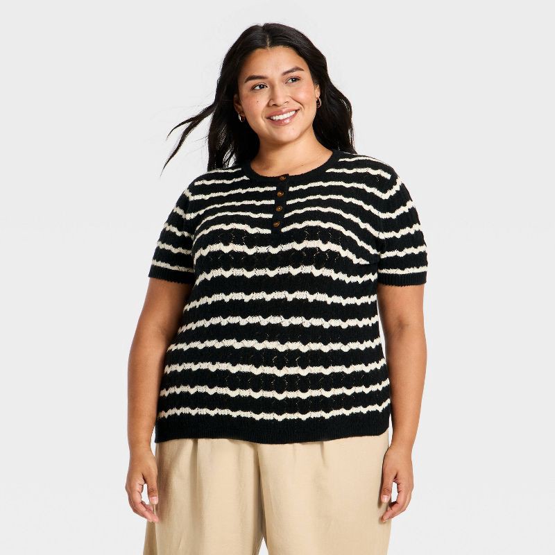 slide 1 of 3, Women's Short Sleeve Heirloom Henley Pullover Sweater - Universal Thread™ Black Striped XXL, 1 ct