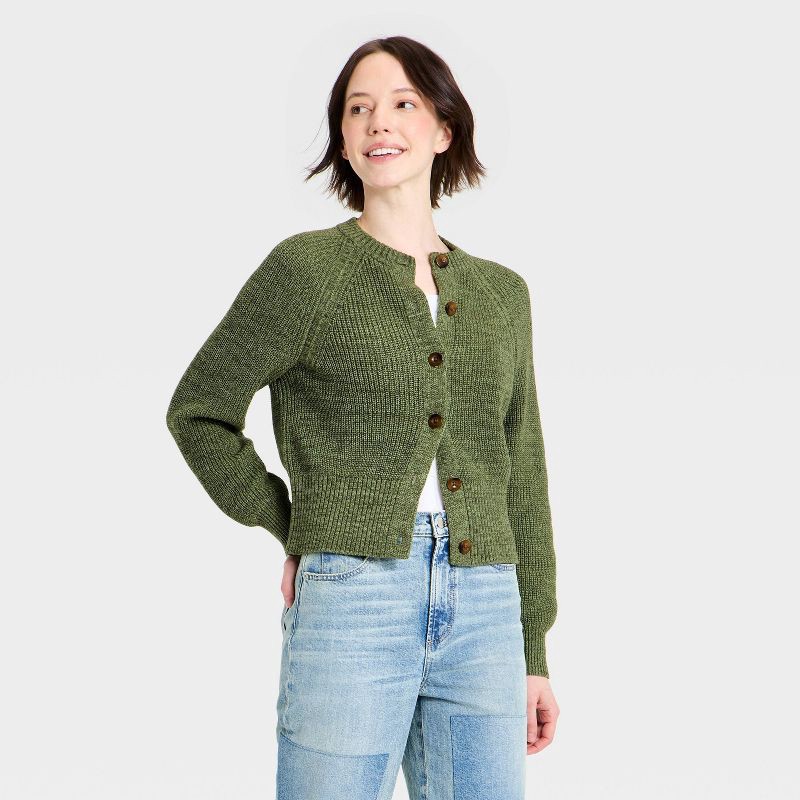 slide 1 of 3, Women's Iconic Cotton Cardigan - Universal Thread™ Olive Green L, 1 ct