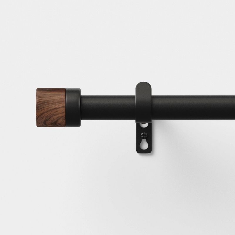 slide 1 of 3, 66"-120" Faux Walnut Wood Cap Curtain Rod Matte Black - Threshold™, 66-120 in