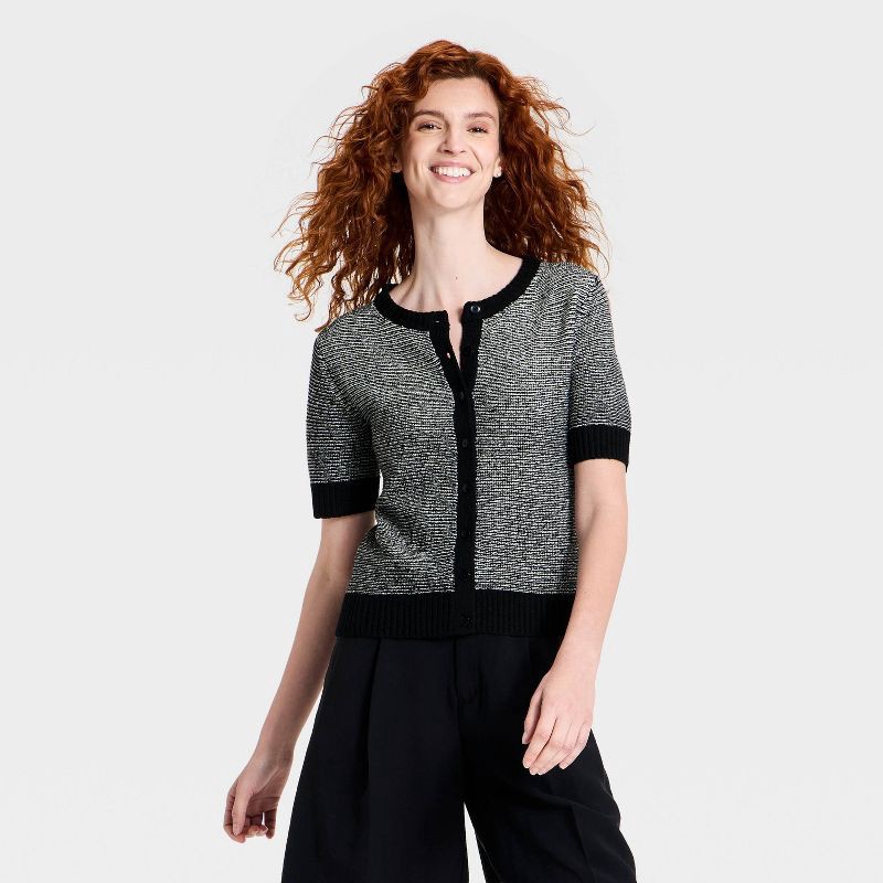 slide 1 of 3, Women's Short Sleeve Button-Front Cardigan Sweater - A New Day™ Black S, 1 ct