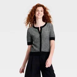 Women's Short Sleeve Button-Front Cardigan Sweater - A New Day™ Black S