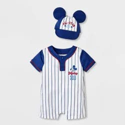 Mickey Mouse & Friends Baby Boys' 2pc Disney Mickey Mouse Baseball Jersey Romper & Hat Set - Navy Blue 12M