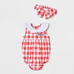 Mickey Mouse & Friends Baby Girls' 2pc Disney Minnie Mouse Gingham Romper & Headband Set - Red 6-9M