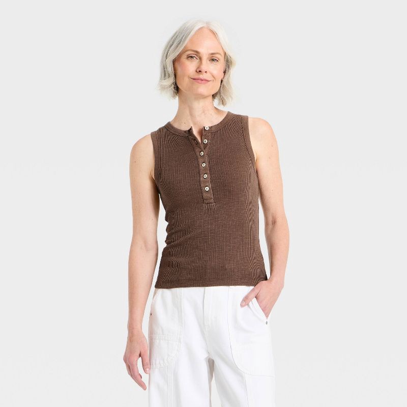 slide 1 of 3, Women's Front Button Tank Top - Universal Thread™ Brown M, 1 ct