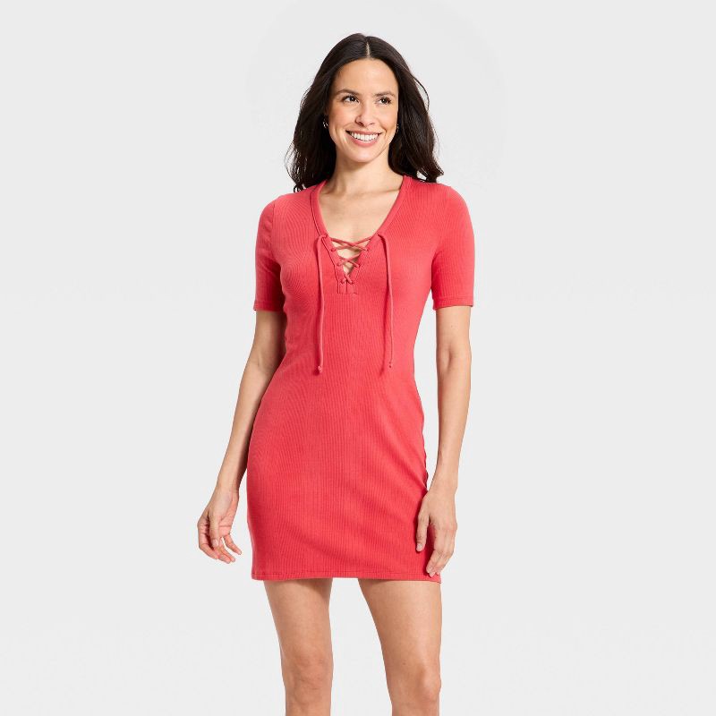 slide 1 of 3, Women's Short Sleeve Knit Bodycon Dress - Universal Thread™ Red M, 1 ct