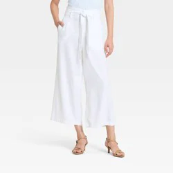 Women's High-Rise Linen Belted Pants - A New Day™ White 8