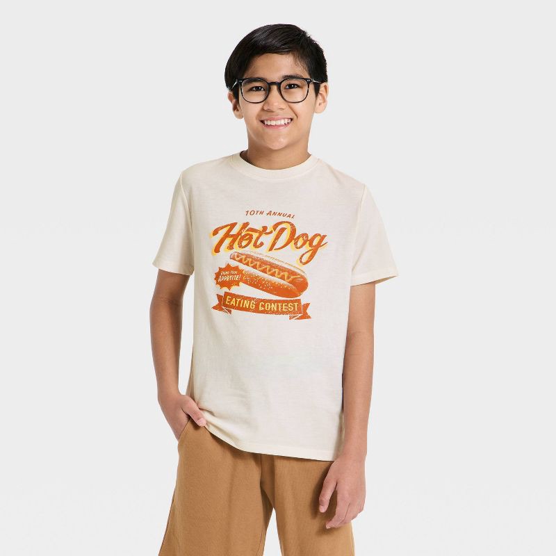 slide 1 of 4, Boys' Short Sleeve Hot Dog Graphic T-Shirt - Cat & Jack™ Cream M, 1 ct