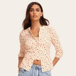 Women's Pointelle Cardigan - Parke x Target Cream Floral XS