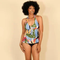 Lands' End Women's Halter Peplum Tankini Top - Green/Blue/Black L