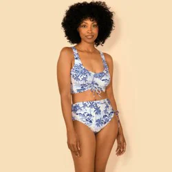 Lands' End Women's Adjustable Side-Tie High Waist Bikini Bottom - Blue/White M