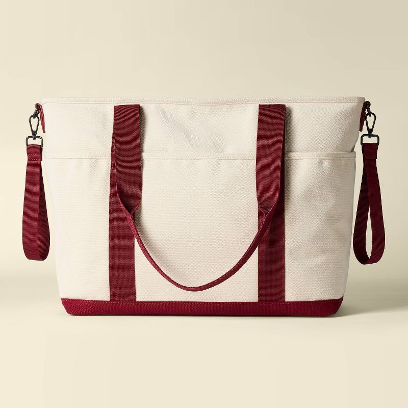 slide 1 of 5, Canvas Tote Solid Shoulder Diaper Bag - Ivory and Burgundy - Cloud Island™, 1 ct