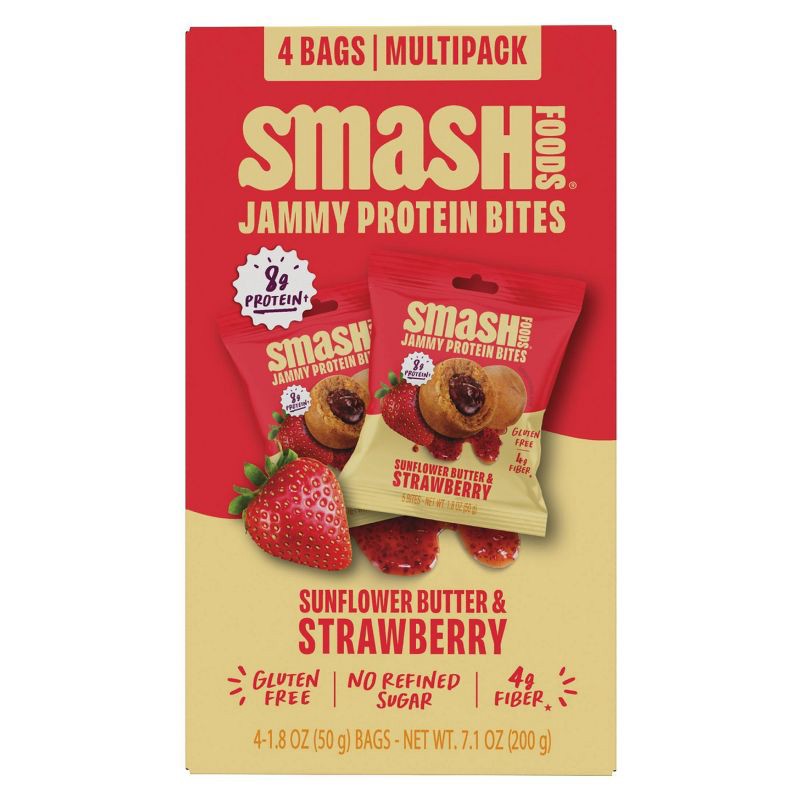 slide 1 of 8, Smash Foods Gluten Free Sunflower Butter & Strawberry Jam Protein Bites - 8g Protein - 7.1oz/4pk, 8 gram, 7.1 oz, 4 ct