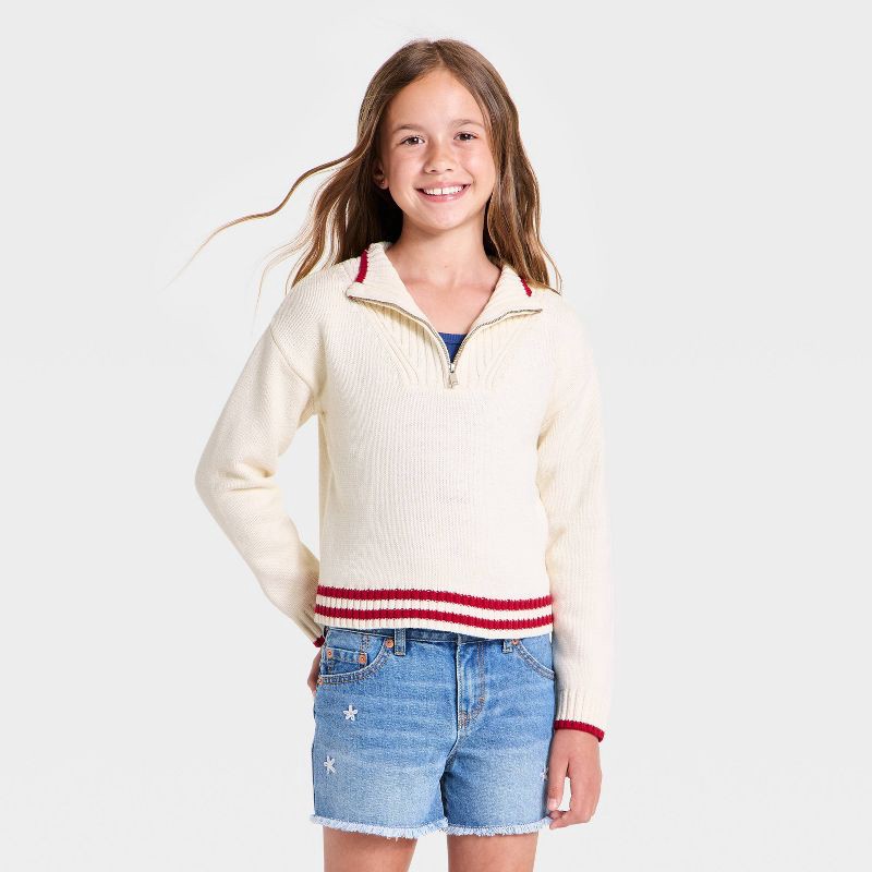 slide 1 of 4, Girls' 1/4 Zip-Up American Flag Sweater - Cat & Jack™ Cream L, 1 ct