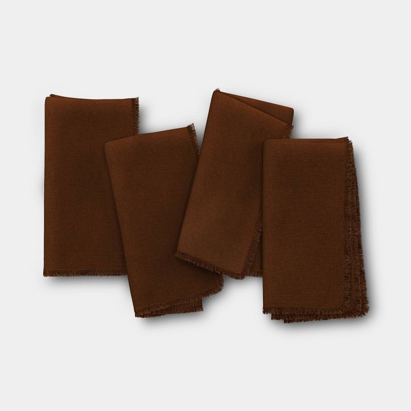 slide 1 of 4, 4pk Linen Blend with Frayed Edges Napkins Chocolate Brown - Threshold™, 4 ct