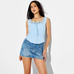 Women's Button-Front Lace Trim Tank Top - Wild Fable™ Light Blue L